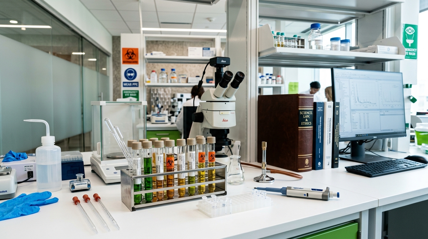 미국 화장품 FDA 등록의 핵심인 MoCRA 규제 법안을 상징하는 법률 책자와 화장품 원료 시험관들이 연구실 테이블 위에 놓여 있는 모습입니다.