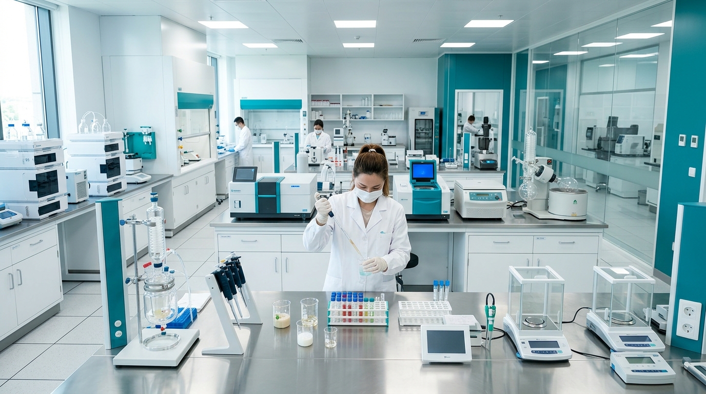 미국 화장품 FDA MoCRA 규정 준수를 위해 정밀 분석 테스트를 진행 중인 현대적인 연구소 장비